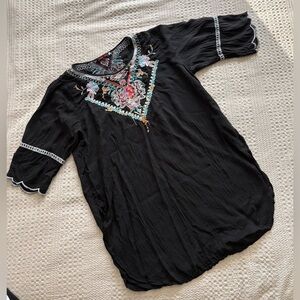Johnny Was Brasilia Tunic Top with Multicolor Embroidery- Size Large; Boho Chic